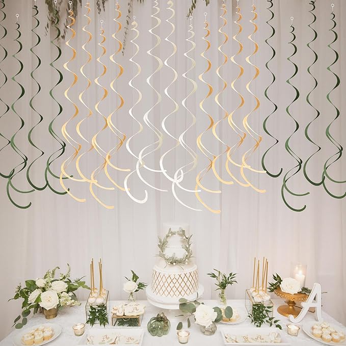 36Pcs Sage Green Hanging Swirl Decoration Olive Green Tan Brown Cream Neutral Felt Swirl Streamer Spiral Ceiling Garland for Greenery Safari Jungle Woodland Birthday Baby Shower Wedding Party Supplies