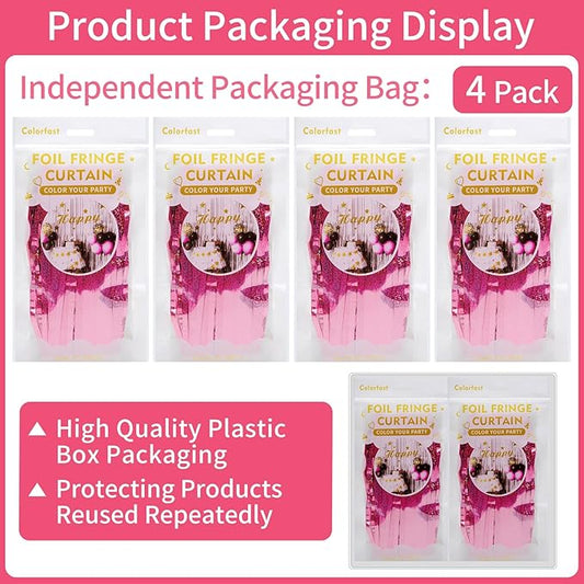 Picoway 4 Pack Pink Foil Fringe Tinsel Backdrop Curtains, Birthday Engagement Bachelorette Party Decorations, Photo Booth Props Door Streamers Curtain