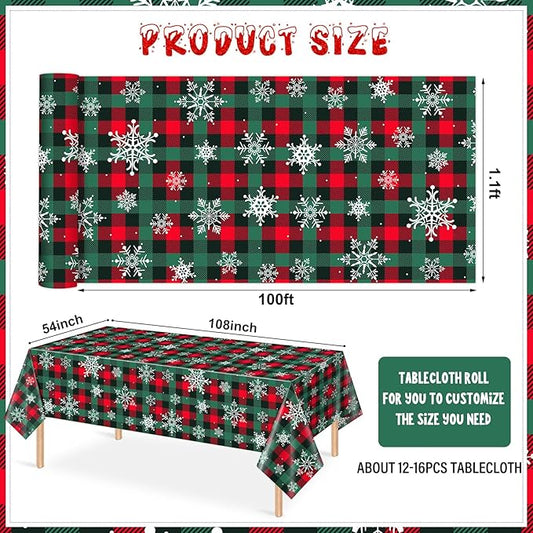 4.5x 100 Ft Roll of Christmas Buffalo Plaid Plastic Tablecloth Decorations,Disposable Red Green Snowflake Table Cover Photography Backdrop with Cutter Box for Christmas Holiday New Year Party Supplies