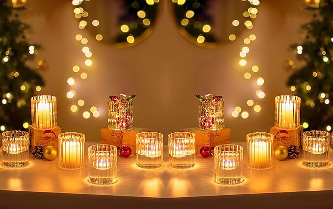 Hewory 24PCS Small Glass Hurricane Candle Holders Bulk - Short Clear Cylinder Vases for Centerpieces, Low Ribbed Vase for Wedding Reception Anniversary Baby Shower Events Party Home Table Decor
