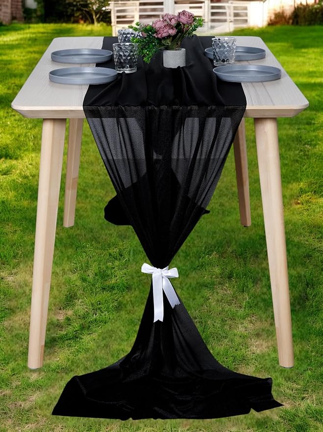 MDS 20 Pack 10ft Chiffon Table Runner 29 x 120 Inches Sheer Wedding Runner Romantic Rustic Table Runner for Wedding Decorations, Birthday Parties, Bridal Shower Party Arch Decor - Black