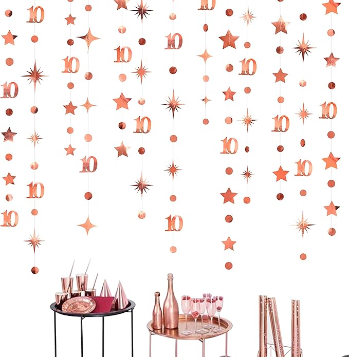 Rose Gold 10th Birthday Decorations Number 10 Circle Dot Twinkle Star Garland Metallic Hanging Streamer Bunting Banner Backdrop for Girls Boys Ten Year Old Birthday 10th Anniversary Party Supplies