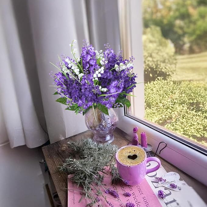10Pcs Lilac Flowers Artificial Bouquet Fake Purple Flowers Faux Lilacs Mix Bush Artificial Purple Silk Flower Bulk Arrangements Summer for Table Centerpieces Home Kitchen Wedding Decorations