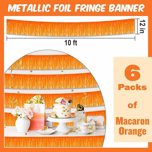 6 Pack 10 Ft Macaron Orange Foil Fringe Garland Metallic Streamers Tinsel Banner Wall Hanging Garland Backdrop for Parade Floats, Halloween, Christmas, Thanksgiving, New Year Party Decorations