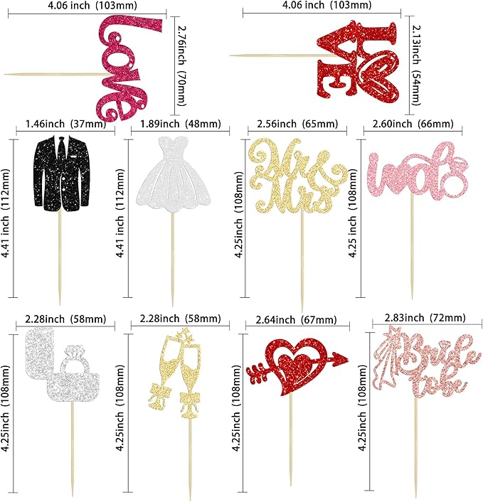 Ephlyn 30Pcs Bride to be Cupcake Toppers Glitter Wedding Cake Topper Decorations I Do Love Heart Ring Cupcake Picks for Bridal Shower Wedding Engagement Party Supplies Multicolor