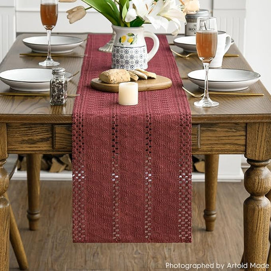 Artoid Mode Red Farmhouse Woven Rustic Hollow Table Runner, Seasonal Holiday Hollow Kitchen Dining Table Decoration for Home Party Decor 12x72 Inch