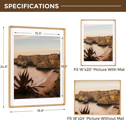18x24 Frames USA-Sourced Natural Oak Wood Solid Wood Photo Frame Handcrafted Rounded Corner with Mat to 16x20 Picture Display with Real Glass Family Picture, Wedding Photo Mounted