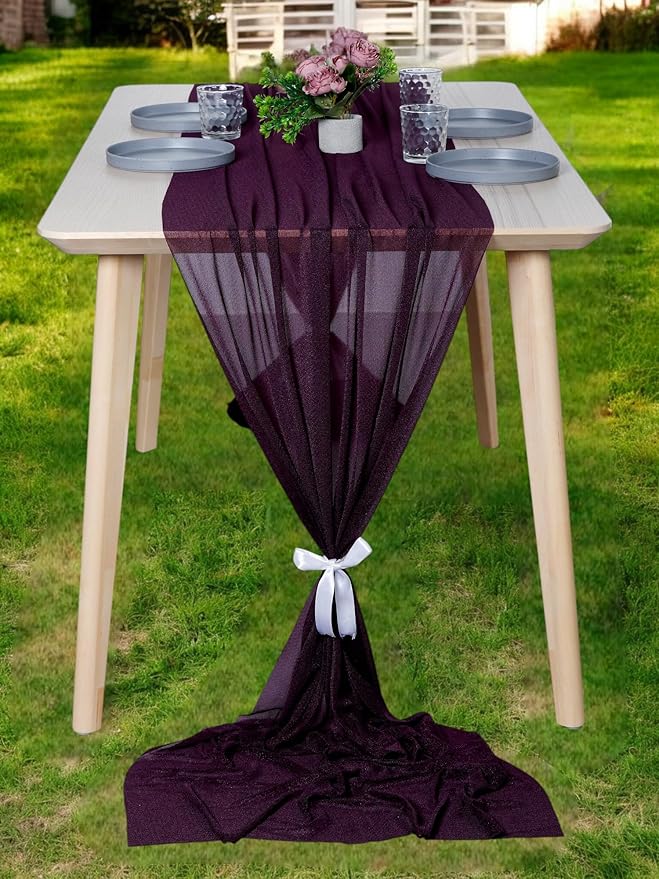 MDS Halloween Chiffon Table Runner - 5 Pack, 29 x 170 Inches, 14ft Each - Sheer Spooky Table Runners for Haunted House Parties, Trick-or-Treat Tables, Witchy Décor, Wedding & Events - Eggplant
