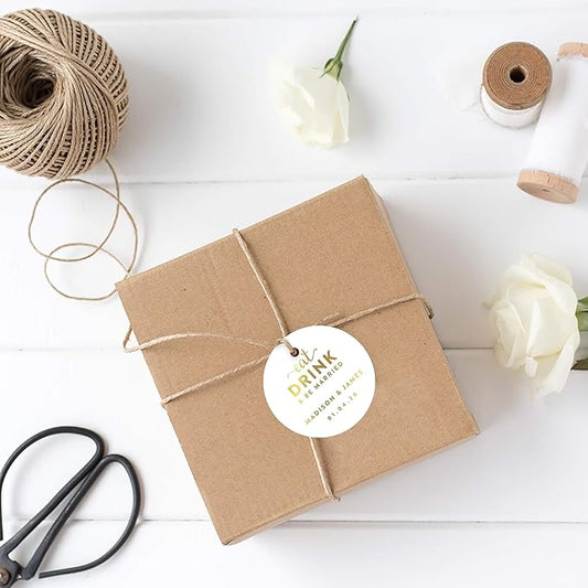 Andaz Press Personalized Round Circle Wedding Gift Tags, Metallic Gold Ink, Eat Drink and Be Married, 24-Pack, Custom Made Any Name