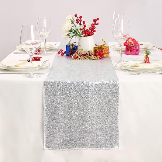 Silver Table Runner 10 Packs 12x72 Inch Sequin Glitter Table Runner for Rectangle Tables for Birthday Banquet Wedding Baby Shower Party Decorations