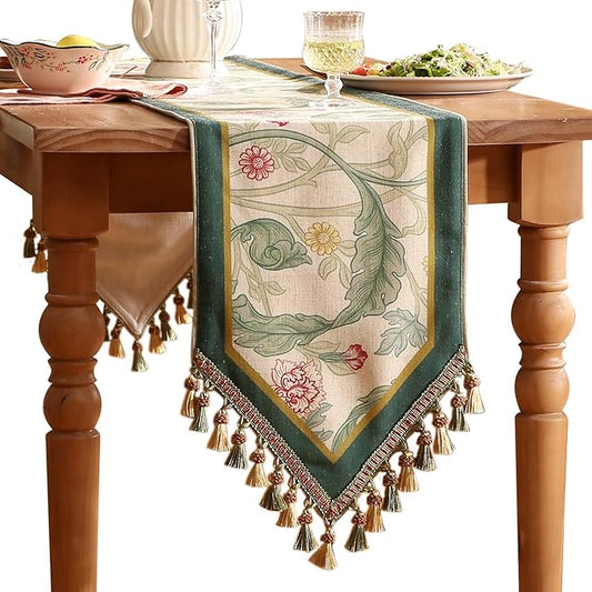 patdrea Designer Green Floral Table Runner,French Elegant Vibrant Rustic Linen with Green Leaves Patterns Fabric Table Mat,Decoration for Kitchen Dining Room Banquet Christmas,18"*87"