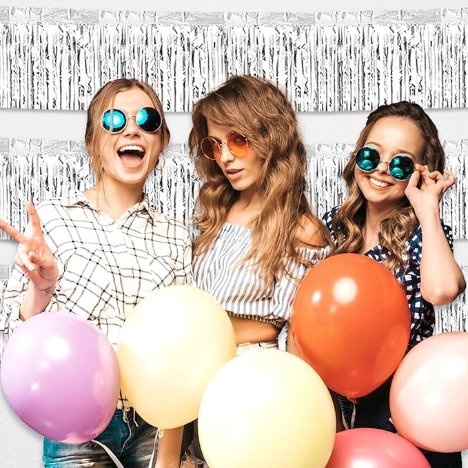 6 Pack 10 Feet Silver Foil Fringe Garland Metallic Tinsel Streamers Banner Wall Hanging Curtain Backdrop for Parade Floats, Birthday, Graduate, Mother's Day, Wedding Party Decoration