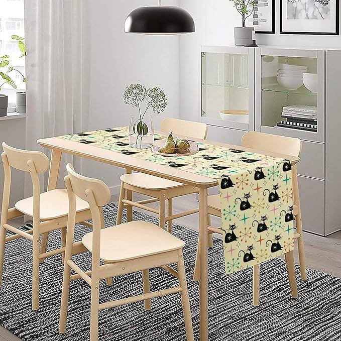 Mid Cat Table Runner, Vintage Black Cat and Atomic Stars 1950s 1960s Abstract Geometric Space Pattern Table Decoration for Home Kitchen Restaurant 13x60 Inches