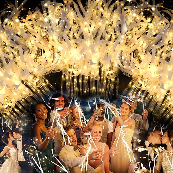 28PCS Light up Wands for wedding, Wedding Wands Streamers with 3 Colorful Flashing Modes, Fairy Wands, LED Silk Fairy Wand with Bells for Wedding, New Year, Thanksgiving, Concert