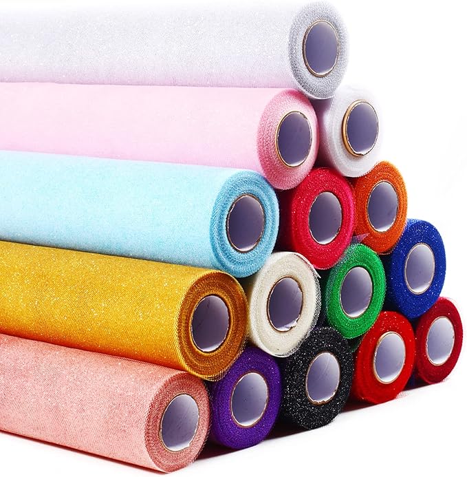 ICOSHOW Sparkling Tulle Rolls, 15” by 30 Yards (90FT) Glitter Tulle Spool Ribbon Fabric for Wedding Birthday Bridal Shower Tutu Skirt Party Gift Wrapping(Black)