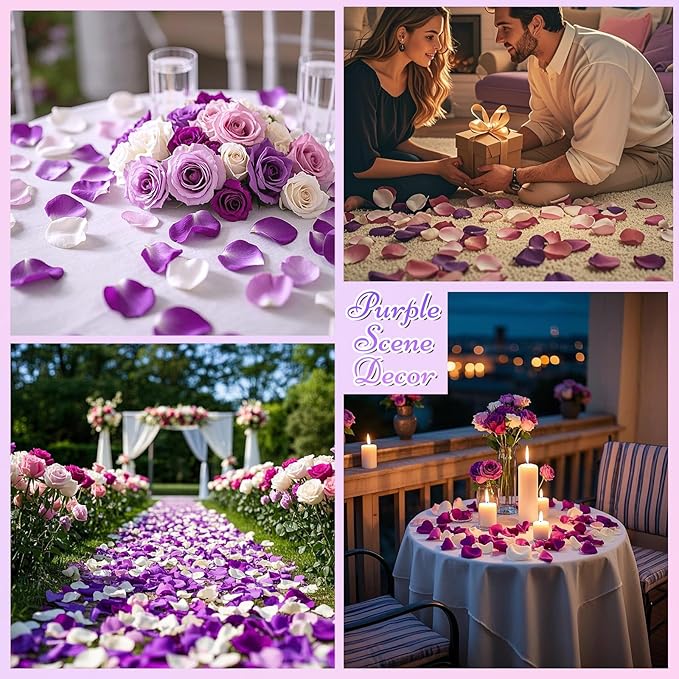 180 PCS Real Purple White Rose Petals for Wedding Flower Girl to Throw, 1.75oz Mixed Fresh Dried Rose Petal for Proposal Centerpieces Valentine's Day Romantic Night Decor