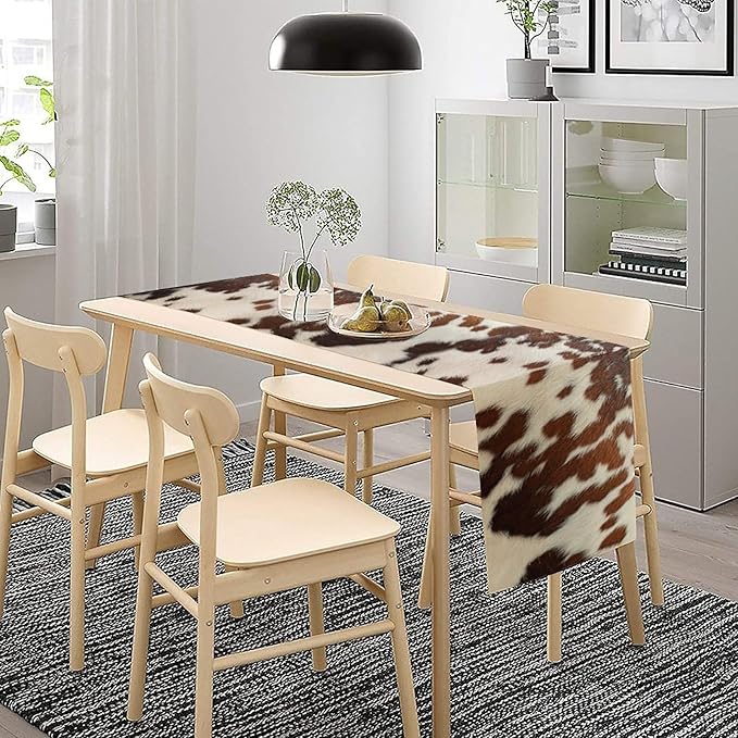 Farmhouse Cow Skin Print Table Runner, Safari Wildlife Brown Country Farm Cowhide Pattern Cotton Linen Rustic Cottage Table Runner for Dinning Home Party Holidays Home Setting, 13x70 Inch