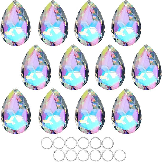 12 Pieces 50mm Crystal Prisms Chandelier Colorful Bauhinia Ornament Pendants Rainbow Maker Hanging Prisms for Wedding Party Tree Garlands Decoration DIY Jewelry