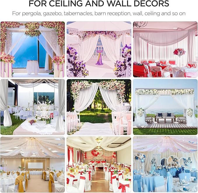 boldworks Ceiling Drapes Hanging Kit for Weddings Tent Bedroom Draping Parties Decoration White Fabric Includes Hoop Ring Set 5ft x 10ft Pack of 6