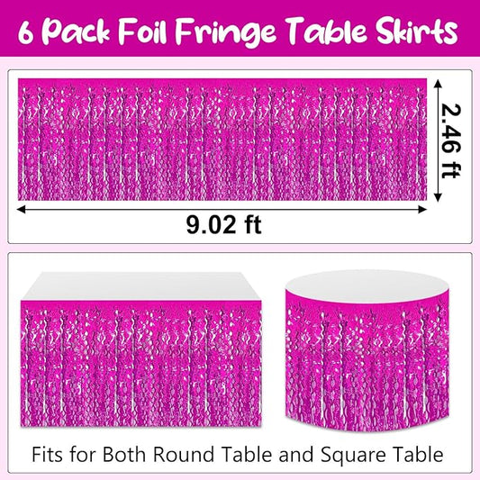 6Pack 29 x108 Inch Rose Red Wave Foil Fringe Table Skirts Metallic Banner for Tinsel Streamer Garland Backdrop for Parade Floats, Mother's Day, Easter, Graduate, Birthday, Wedding Party Decoration