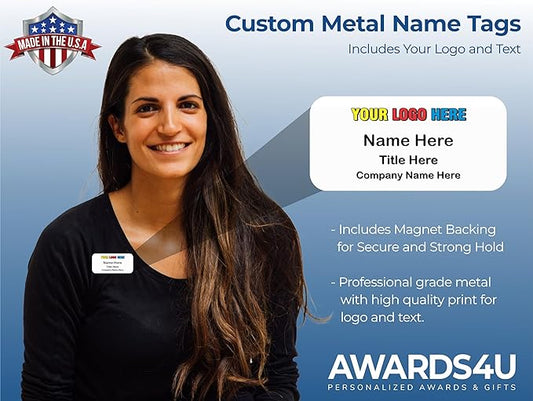 Custom Name Tag with Logo - Personalized Name Badge with Magnet Backing - Choose Your Size and Color (White Metal 3"x1.5" - Logo on Top)