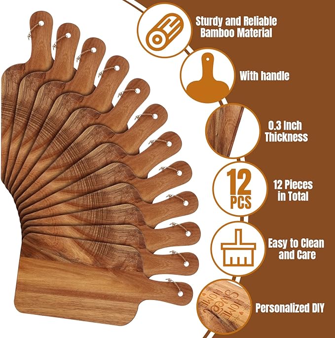 Patelai 12 Packs Wooden Cutting Board Set with Handles Large Kitchen Serving Plain Chopping Board Bulk Gifts for Mom for Vegetables Meat Pizza Cheese Fruit Bread(Acacia Wood,15 x 7 Inch)