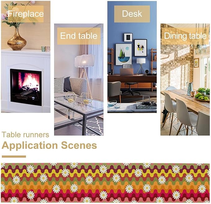 Vintage Floral Table Runner,60s 70s Colorful Retro Abstract Hippie Print Table Runner for Kitchen Dining Table Home Party Decoration 13x60 Inch