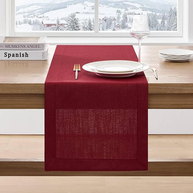 ZeeMart Linen Textured Border Table Runner, 14 x 108 Inch Red, Farmhouse Style Red Table Runners 108 Inches Long, Easy Care Everyday Polyester Table Runner