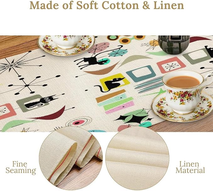 Colorful Geometric Table Runner,Vintage Mid Century Cute Cat Abstract Morden Print Tablecloth Burlap for Hotel Indoors Outdoor Dining Room Kitchen Home Decor, 13x70in