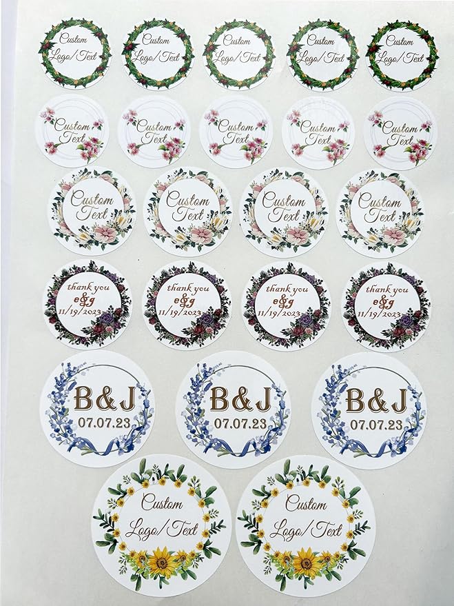 Custom Stickers for Weddings, Birthdays & Businesses - Personalized Labels with Your Logo - Waterproof, Fade and Heat Resistant - Pack of 100-1000 (Wreath R, 3 Inch)