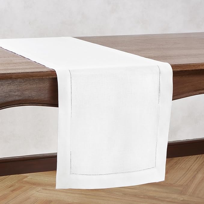 White Hemstitch Table Runner 36 inches – 100% Pure Linen Small Table Runner 14 x 36 Inch Ideal for Dresser and Coffee Tables – Elara, Spring, Summer, Wedding Decorations, Gift