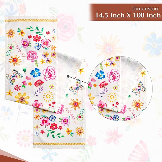 Maison d' Hermine Table Runner 100% Cotton Single Layer Table Runners 108 inches Long Decorative for Home Dining Party Wedding Bridal Shower Spring Summer (Happy Florals - Sweety, 14.50" x 108")