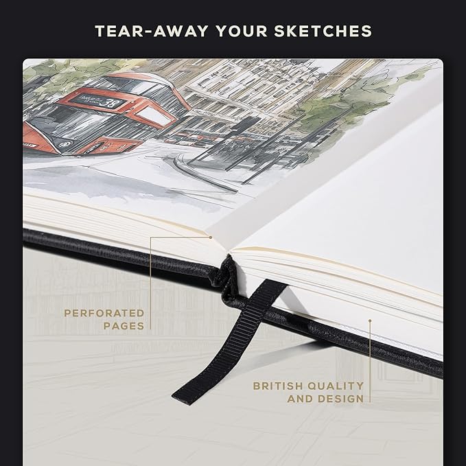 Beechmore Books A4 Sketchbook – 8.5x11 Premium Vegan Leather Bound Large Sketch Book Hardcover with 156 Thick 160gsm Perforated Ivory Pages, Blank Sketch Pad, Gift Boxed, Back Pocket, Ribbon Bookmark