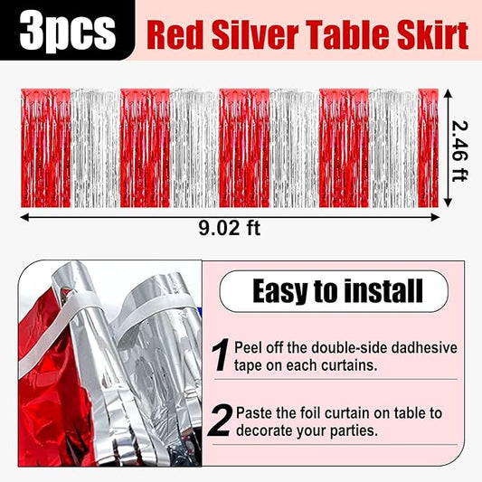 3 Pack 29x108 Inch Red Silver Foil Fringe Table Skirts Metallic Banner for Tinsel Streamer Garland Backdrop for Parade Floats Wedding Thanksgiving Birthday Christmas Halloween Party Decoration