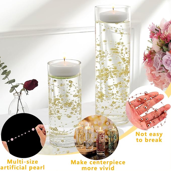 50 PCS Artificial Floating Beads for Centerpieces Vases, Silver 8+3mm String Beads for Wedding Party Faux Pearl String for Decorating, String Pearls for Crafts Vase Filler
