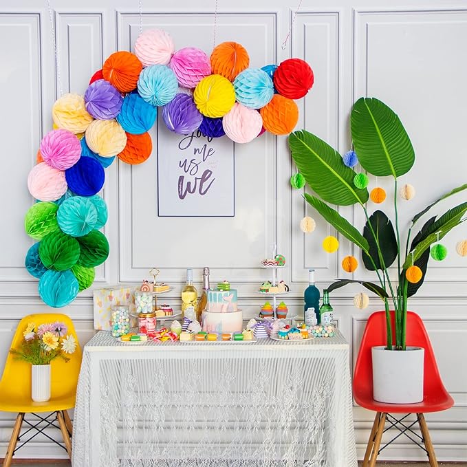 Colorful Rainbow Hanging Tissue Paper Honeycomb Balls Pride Party Decorations Pom Poms for Rainbow Sunshine Cloud Sun Themed Birthday Baby Shower Gender Reveal Wedding Party Décor