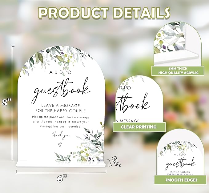 Greenery Audio Guest Book Sign, 6 x 8 Inch White Arch Acrylic Wedding Sign with Holder, Wedding Sign for Ceremony and Reception, Wedding Decoration, Wedding Supplies - LY29