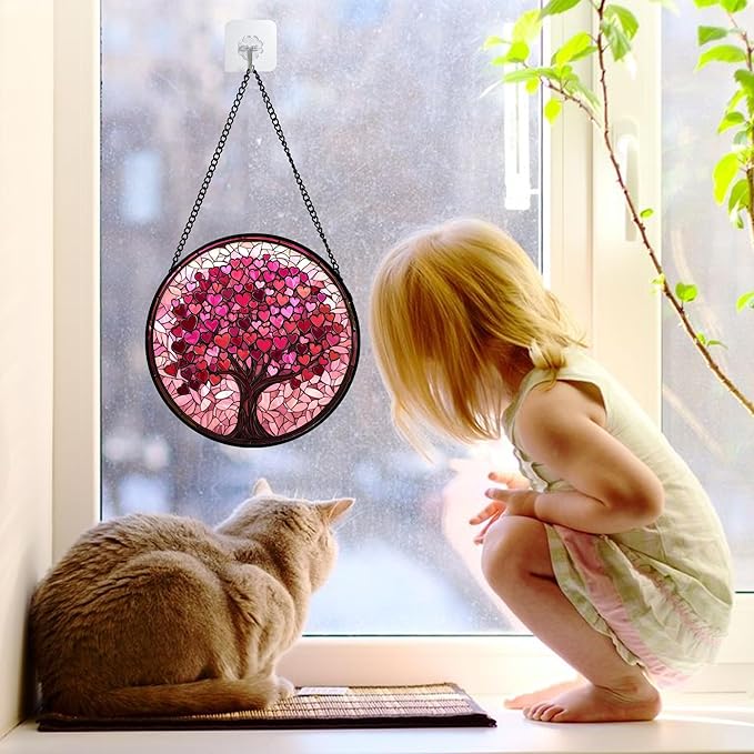 Stained Glass Window Hanging - DASTOLL, Birthday Gifts for Women Men Mom Dad, Pink Love Tree Suncatcher for Doors Window Home Sun Catchers Decor 6.3 in