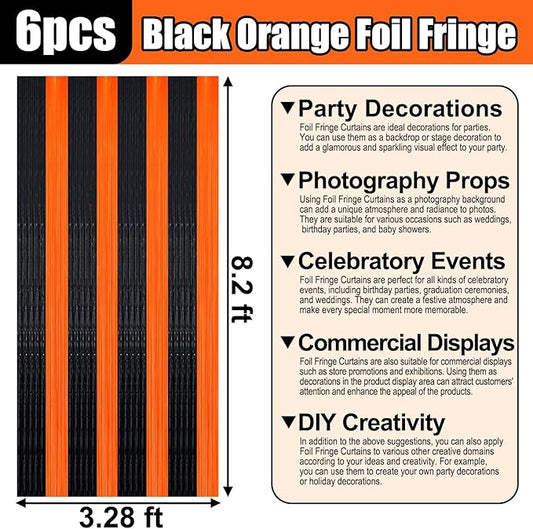 6 Pack Black Orange Foil Fringe Curtain Backdrop, 3.28Ft x 8.2Ft Metallic Tinsel Foil Fringe Streamer Curtains for Photo Booth, Birthday, Wedding, New Year Party Decorations