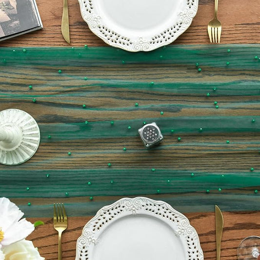 Artoid Mode Pearl Dark Green Gauze Table Runner 59x120 Inch , Seasonal Sheer Kitchen Dining Holiday Wedding Birthday Baby Shower Table Decor for Home Party