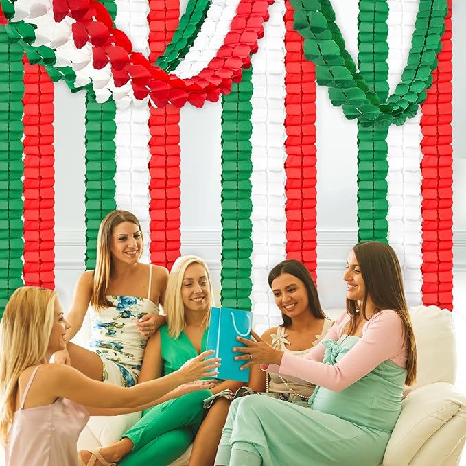 12Pcs Red White and Green Party Decorations, Hanging Paper Streamers Garland for Birthday Wedding Baby Shower Mexican Italian Themed Christmas Party Decorations
