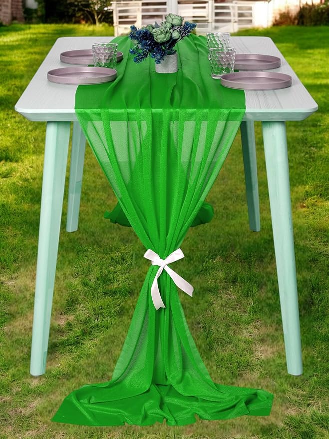 MDS 2 Pack 10ft Chiffon Table Runner 29 x 120 Inches Sheer Wedding Runner Romantic Rustic Table Runner for Wedding Decorations, Birthday Parties, Bridal Shower Party Arch Decor - Green