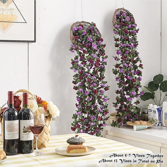 8 Pcs x 8.2 ft Flower Garland Artificial Rose Vine Flowers with Green Leaves Hanging Fake Roses Vine for Room Party Home Wedding Birthday Christmas Wall Arch Decor, Spring Purple Flower
