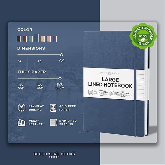 BEECHMORE BOOKS Lined Journal Notebook, 8.5 x 11.5 inch, A4 160 Lined Pages, Hardcover Leather Journals for Women, Men, Writing and Notebooks for Work - 120 GSM Thick Paper, Gifts Box Included