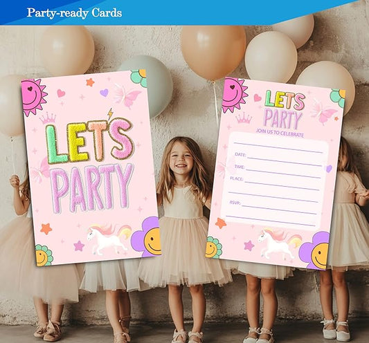 Preppy Patch Birthday Invitations for Girls, Let's Party Birthday Party Invitaions for Party Invites, 4x6 Inches, 30 Sets with Envelopes