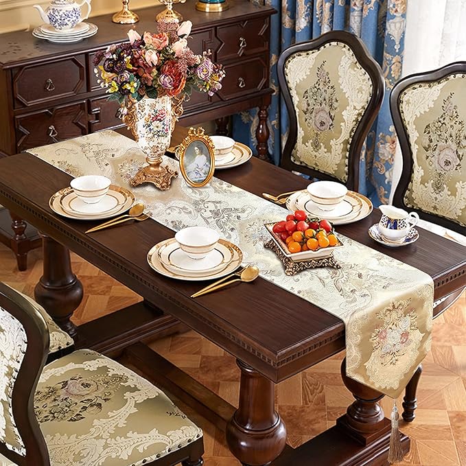 HeMiaor Exquisite Table Runner with Chenille and Elegant Chic Jacquard Textured Damask Design with Beaded Tassels for Daily Decoration 120 inches Long Beige