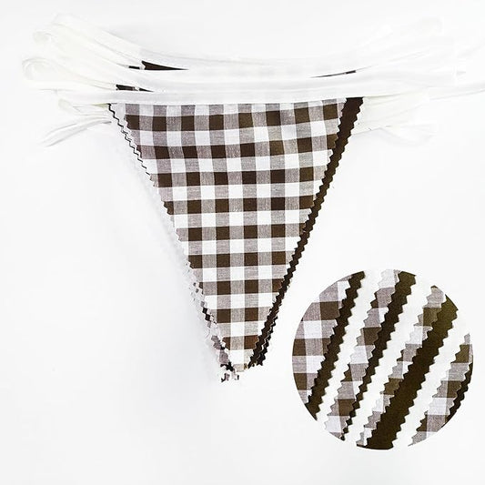 32Ft Coffee Brown Party Decorations Brown Buffalo Plaid Checkered White Triangle Flag Gingham Pennant Bunting Fabric Garland for Woodland Teddy Bear Baby Shower Birthday Home Outdoor Garden Decor