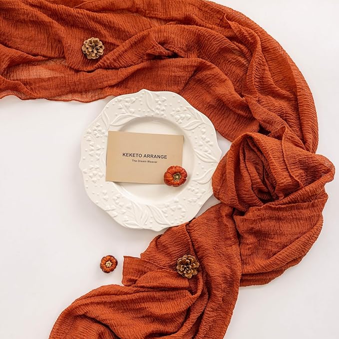 Keketo Fall Thanksgiving Table Runner Terracotta Rust Gauze 120 Inch 10 FT Rustic Burnt Orange Sheer Cheese Cloth for Bridal Shower Friendsgiving Party Centerpiece Decor Fall Decorations for Home