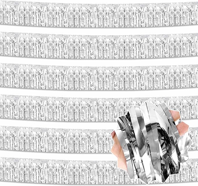 6 Pack 10 Ft Silver Foil Fringe Garland Metallic Streamers Tinsel Banner Wall Hanging Garland Backdrop for Parade Floats, Halloween, Christmas, Thanksgiving, New Year Party Decorations