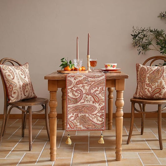 ISAENNE Designer Elegant Red Linen Table Runner 87 Inches Long,Vintage Paisley Pattern Durable Table Runners for Dining Tables,Thanksgiving,Kitchen Tables,Christmas,12"*87"-Chauffrey A
